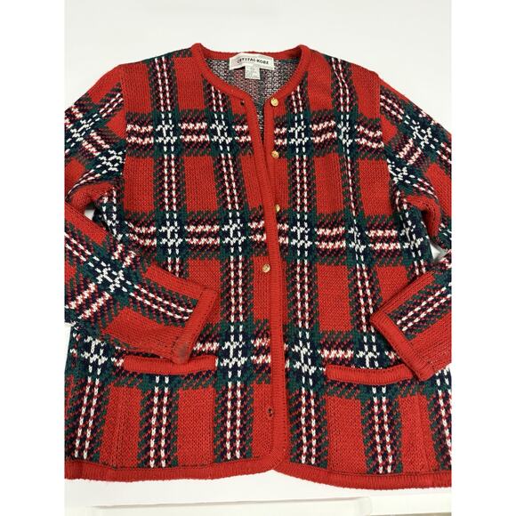 VTG Crystal Kobe S/P Cardigan Red Black Holiday Plaid Gold Button Knit Sweater - Picture 1 of 6